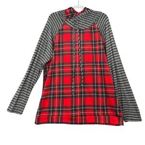Egs California Red Plaid Striped Long Sleeves Drawstring Hood Womens Hoodie 1XL‎